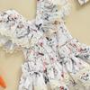 Ubranka Wielkanocne dla Dziewczynek Dziecięcych Kwiatowy Nadruk Króliczka Koronkowe Wykończenie Latający Rękaw Wiosenny Rampers z Opaską z Kokardą Zestaw 2 szt.