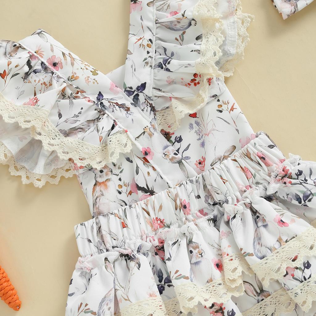 Ubranka Wielkanocne dla Dziewczynek Dziecięcych Kwiatowy Nadruk Króliczka Koronkowe Wykończenie Latający Rękaw Wiosenny Rampers z Opaską z Kokardą Zestaw 2 szt.