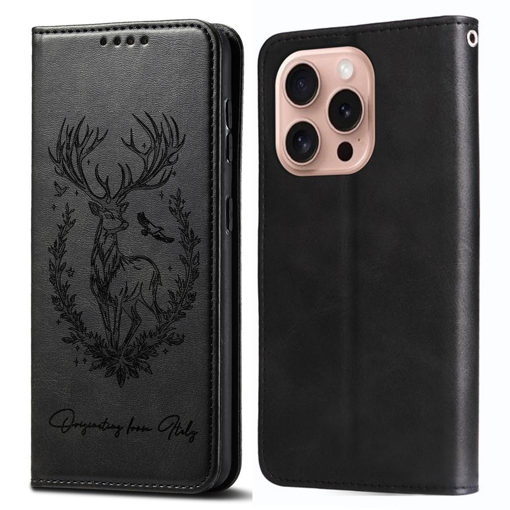 For iPhone 16 Pro Stand Case Lucky Deer Imprinted Magnetic Closure Leather Wallet Phone Cover