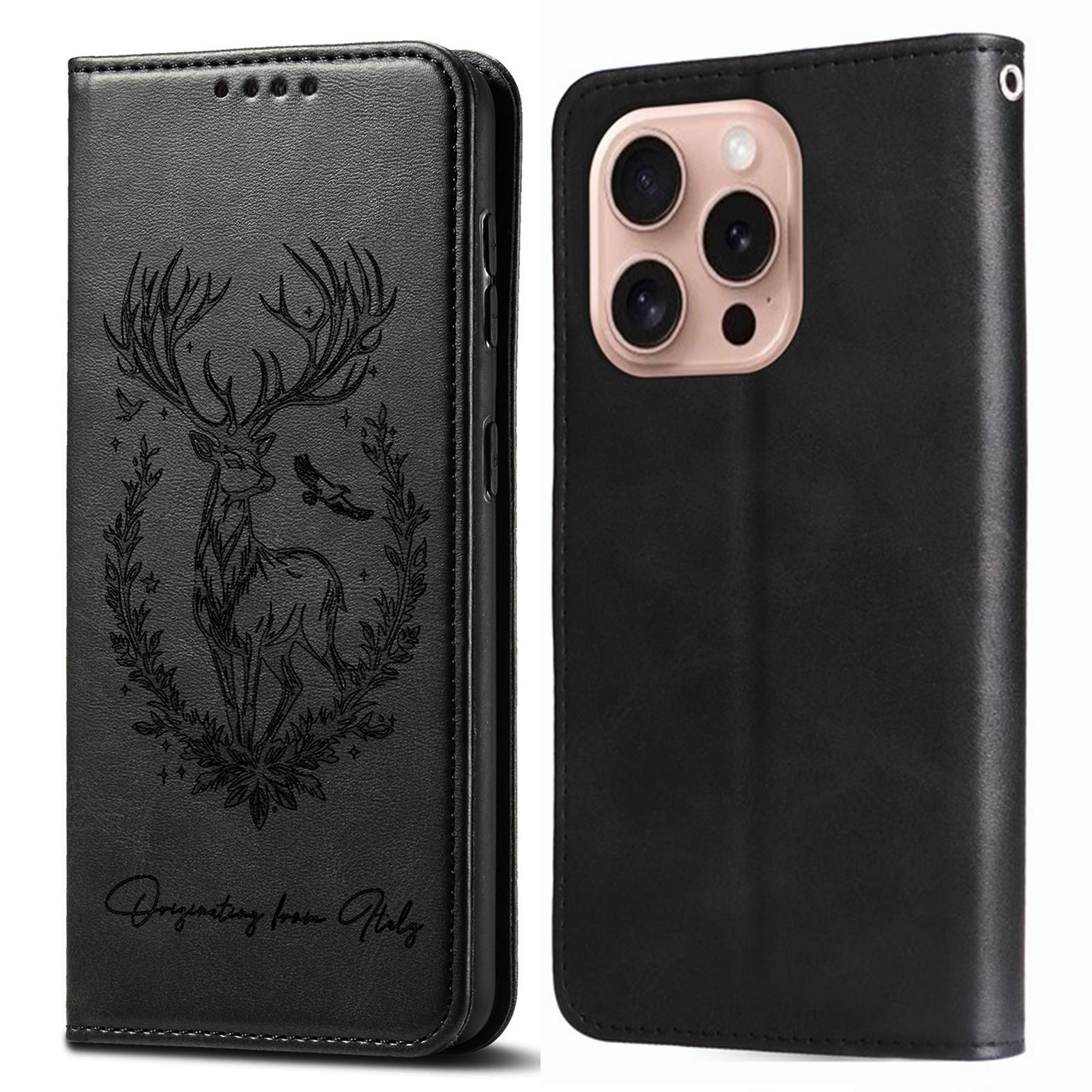 

For iPhone 16 Pro Stand Case Lucky Deer Imprinted Magnetic Closure Leather Wallet Phone Cover Black