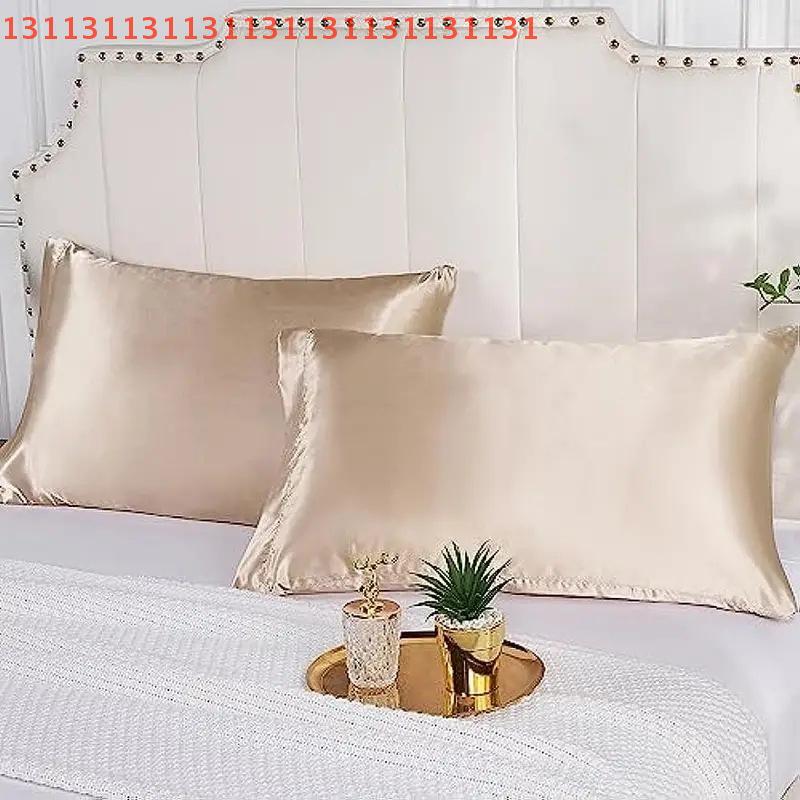 1 Pair Silky Soft Decorative Sleeping Pillow Covers for Bedroom Solid Color Imitation Silk Pillowcase Set