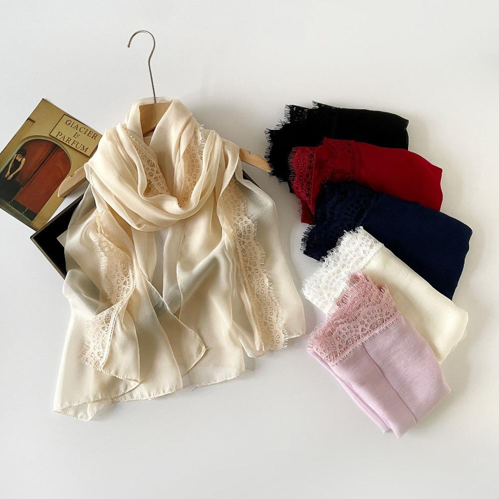 Lace Trimmed Lace Splicing Scarf Thin Beach Shawl Wraps Elegant Chiffon Scarf