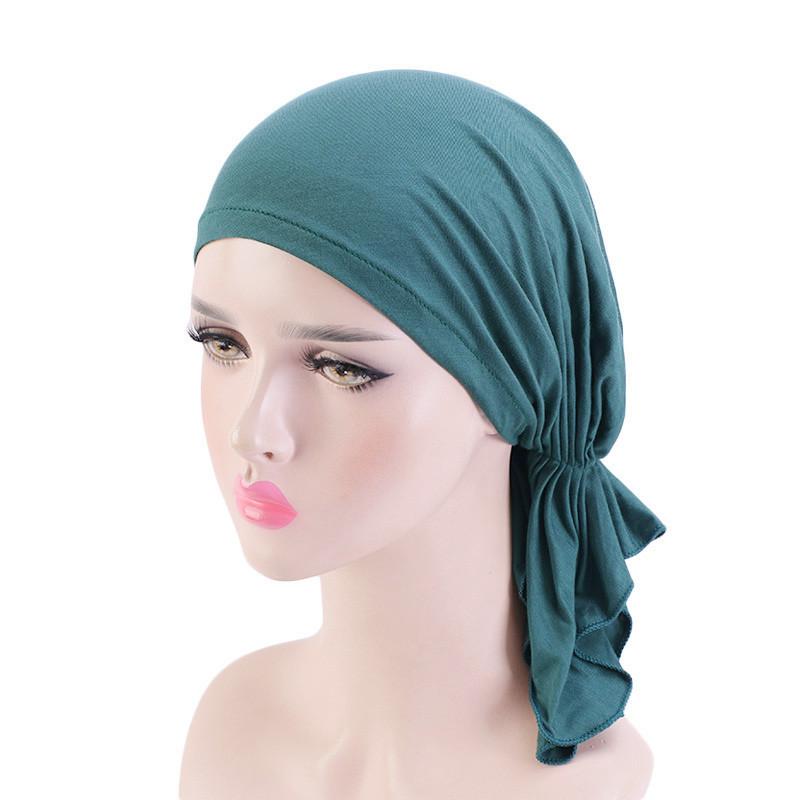 

Elastic Women Modal Cotton Ruffle Turban Caps Muslim Headscarf Bonnet Pre-Tied Hijab Headwrap Cap Soft Lady Hair Loss Chemo Cap зелений