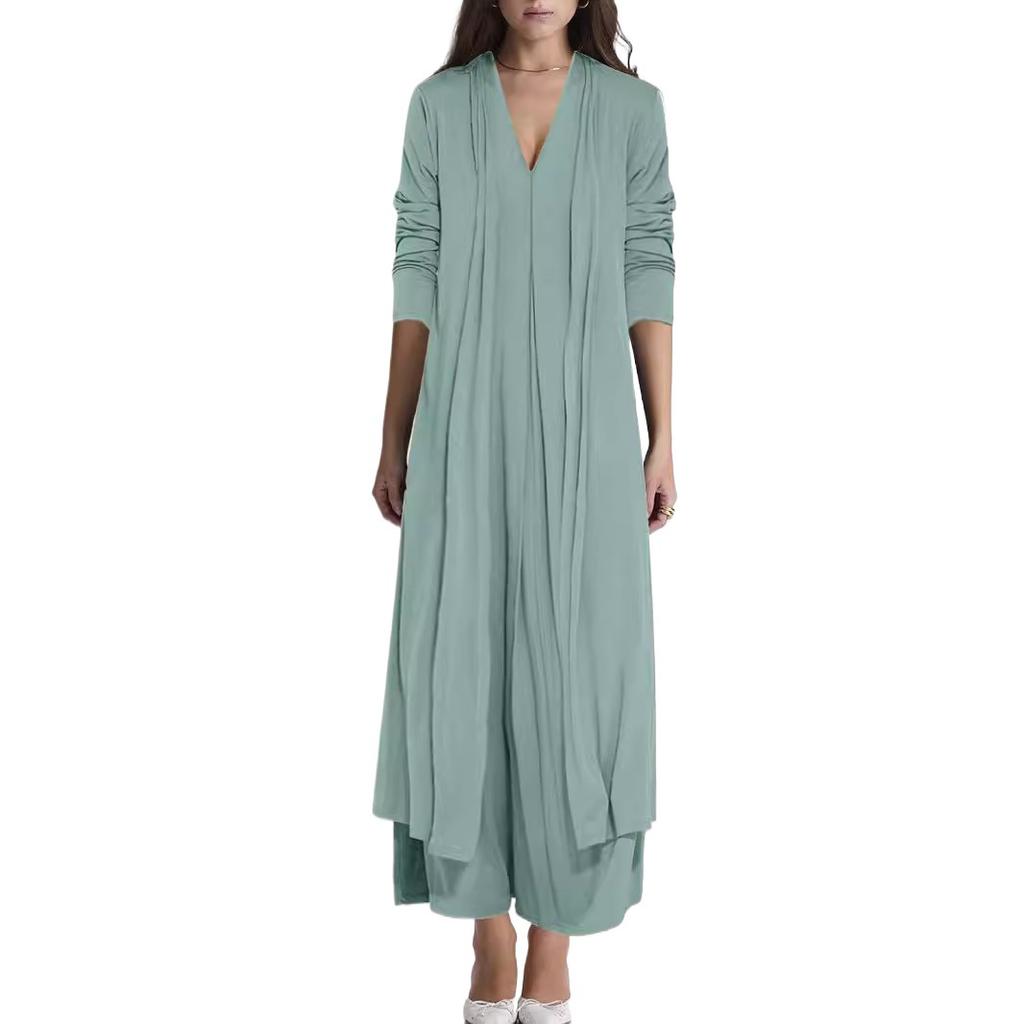 European and American New Casual Solid Color V-neck Cardigan Jacket Dress Set Two-piece Set for Women