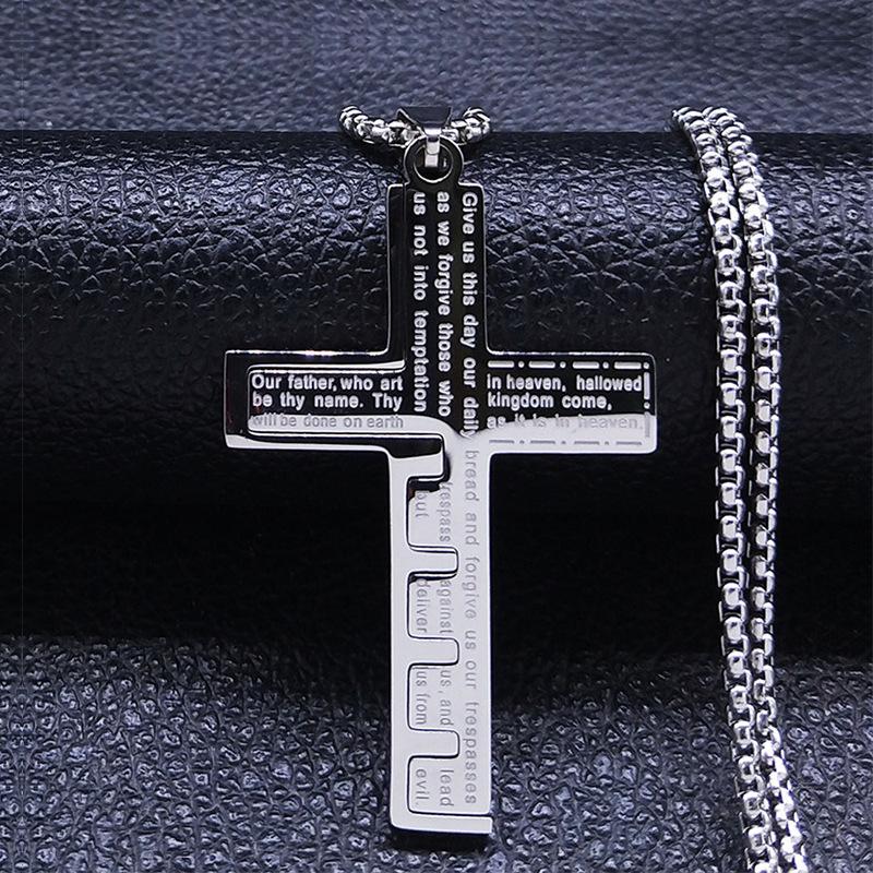 Trendy Men s Prayer Letter Cross Pendant Necklace 60CM