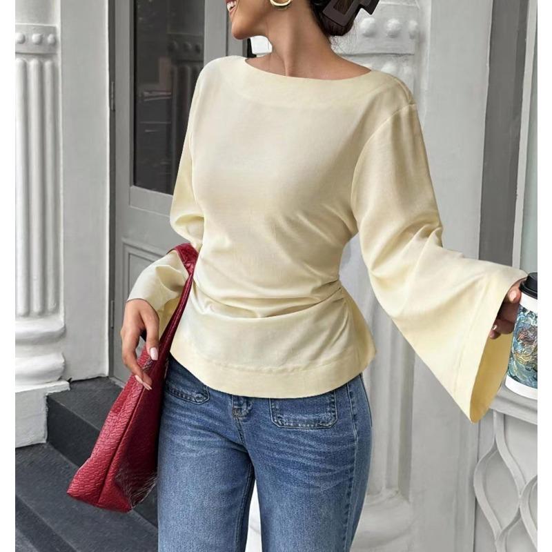 BITCED Women's Fashion Casual Solid Color Print Long Sleeve O-Neck Blouses & Shirts Unique Design
