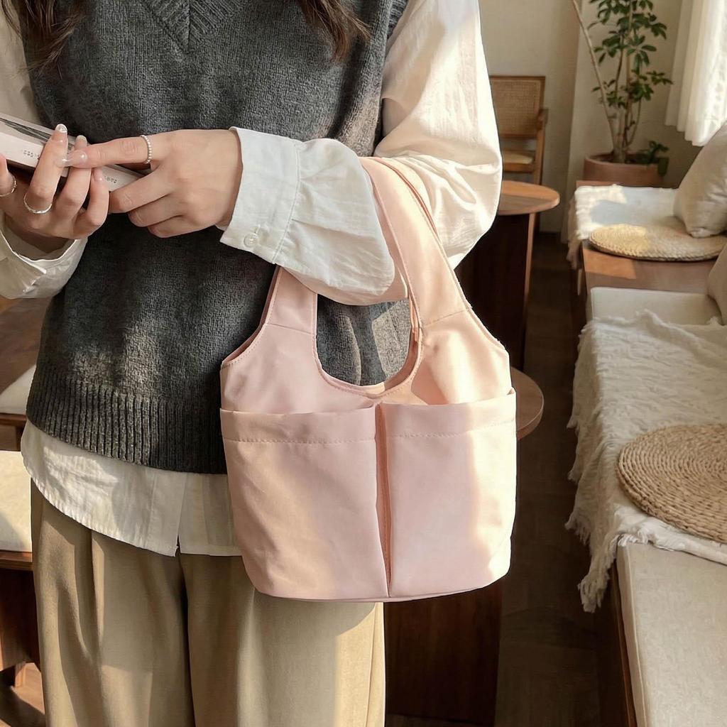 Korean Style Multi-Pocket Canvas Tote Bag with Large Capacity for Lunch or Shoulder Use