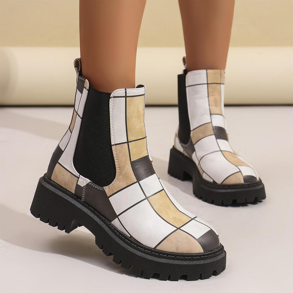 Women's Round Toe - Boots with Color Block Design for Fall and Winter