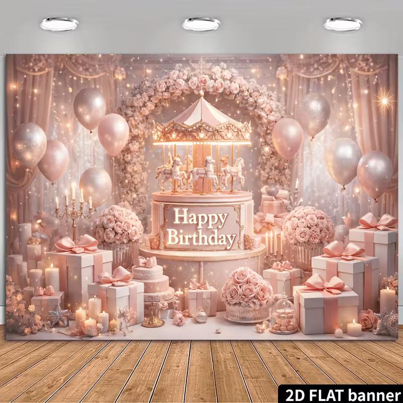 

2D Romantic Pink Carousel Birthday Photography Background with Gifts 47.2x31.5inch/120*80cm