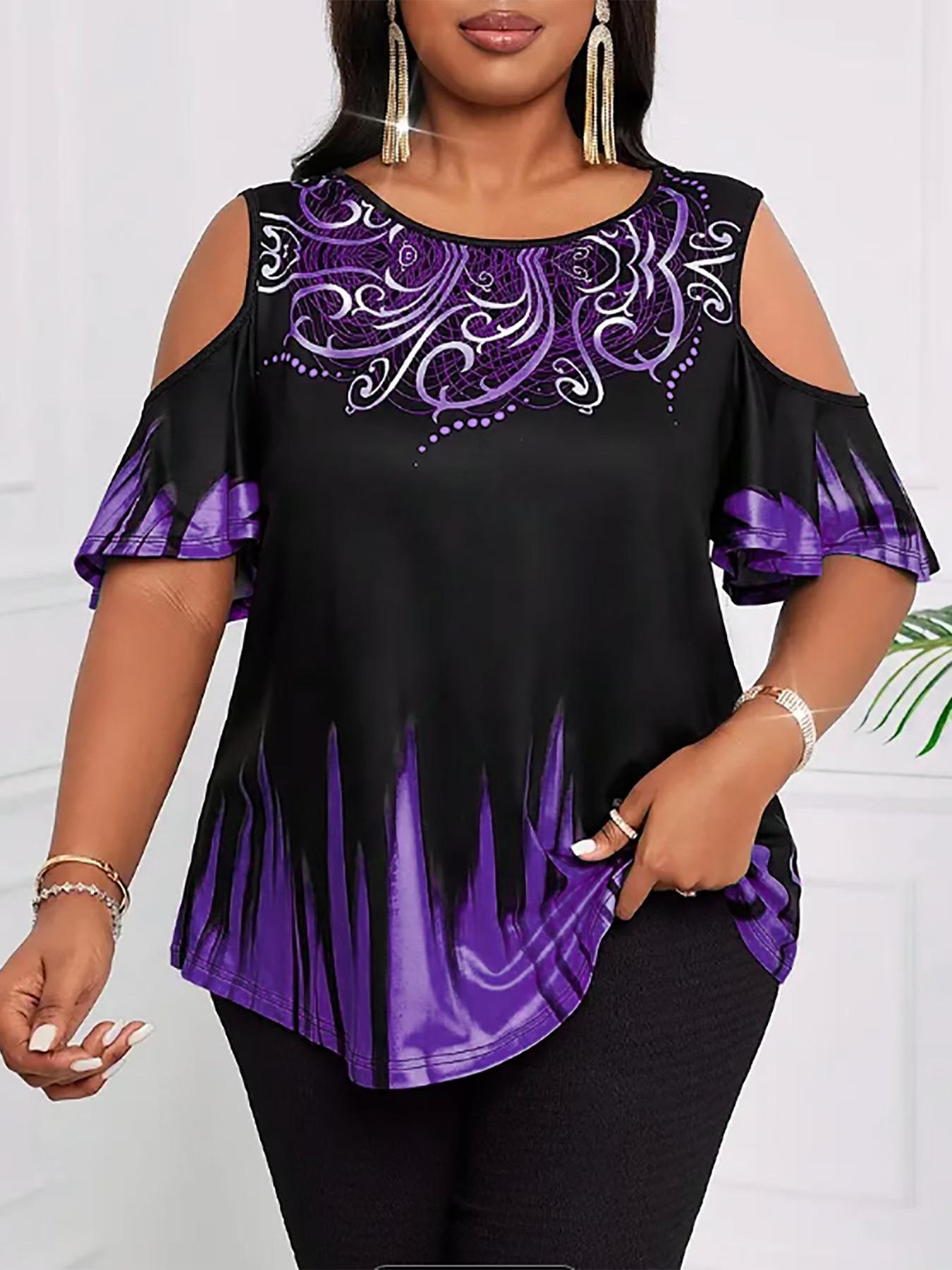 

2025 Gradient Print Crew Neck Casual Women s Top 5XL фіолетовий