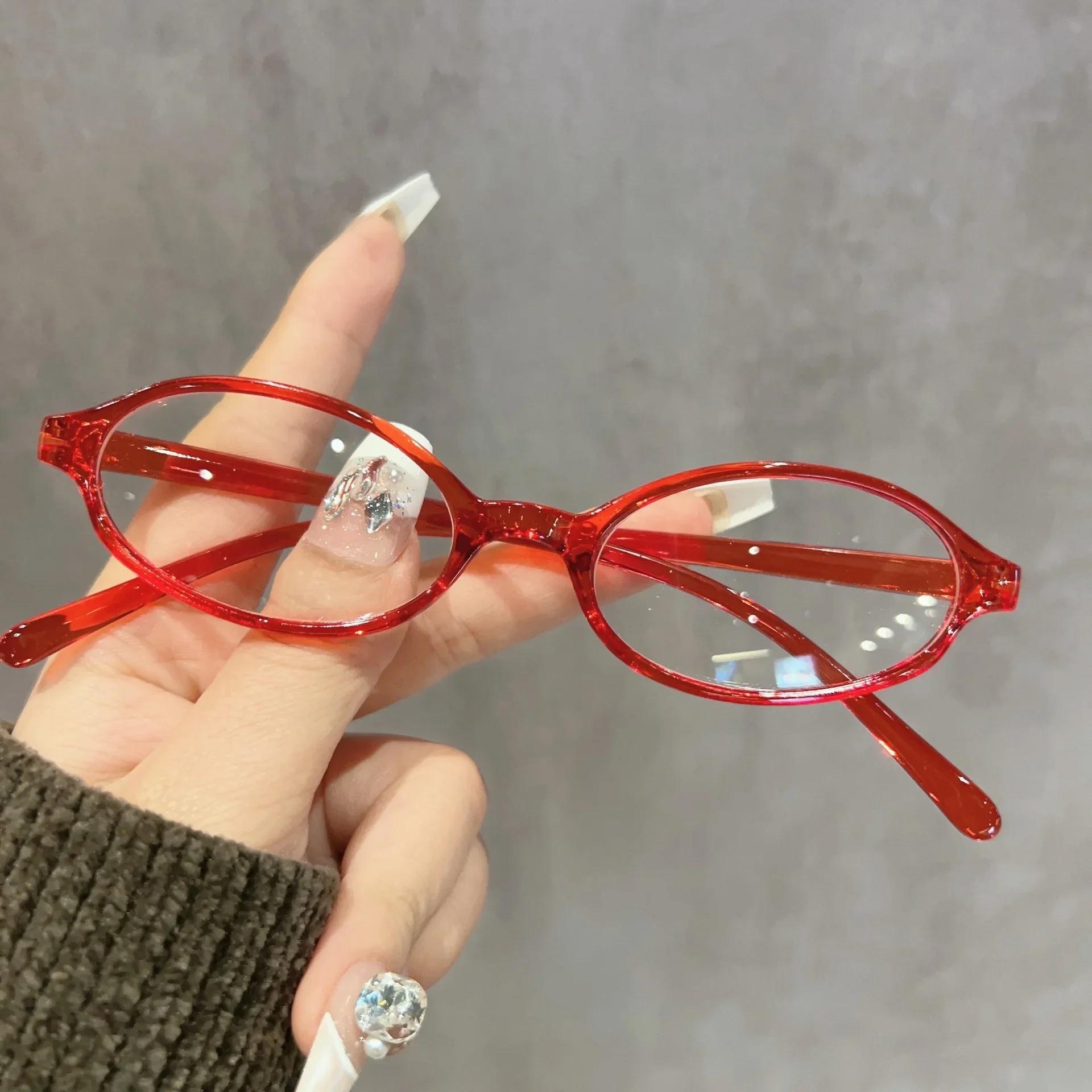 

Women Retro Oval Glasses Y2K Japanese and Korean Girls Red Green Frame Glass Eyewear Decorative Computer Anti-blue Eyeglasses
