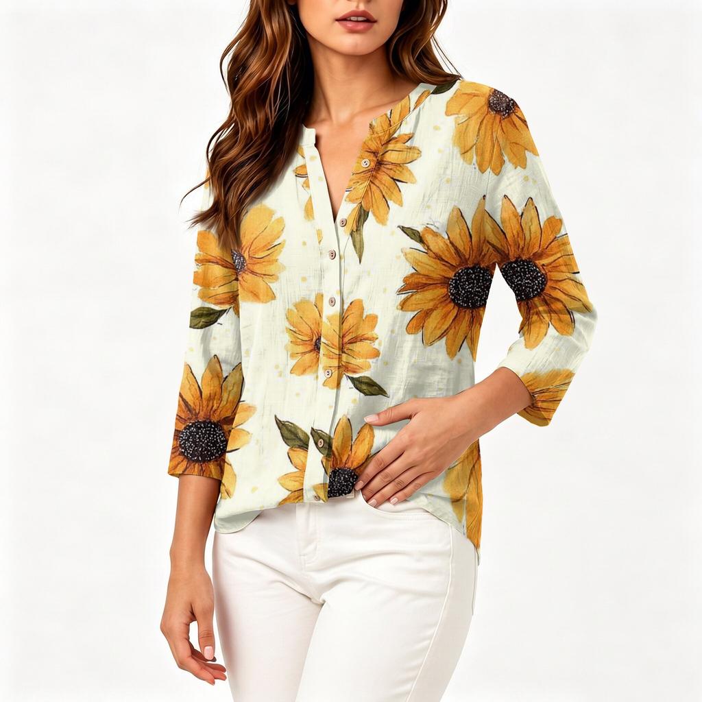 Women's Vintage Floral Print Button Down Shirt Three Quarter Sleeve Cotton Linen Blend Henley Neck Casual Blouse