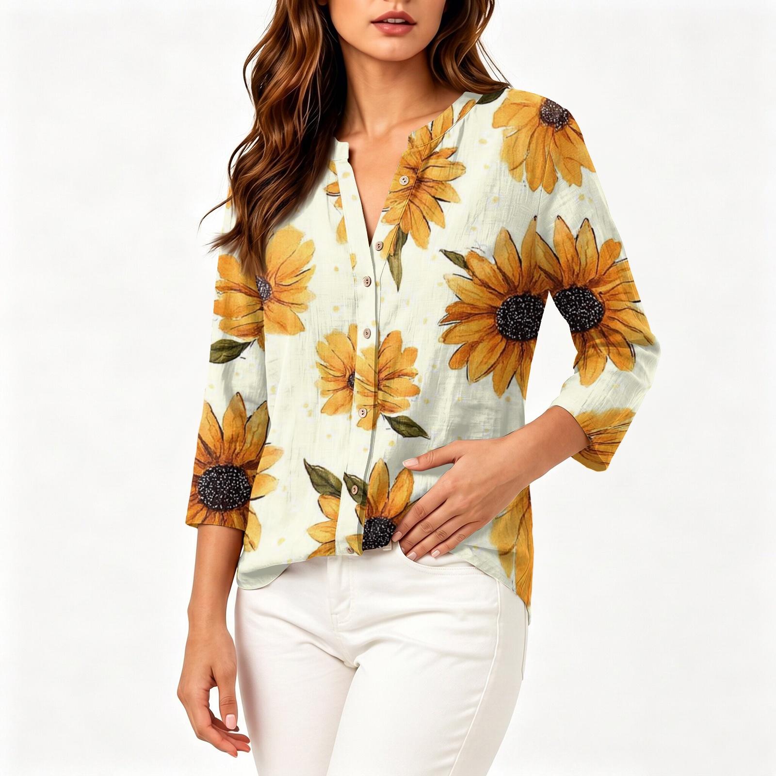 Women s Vintage Floral Print Button Down Shirt Three Quarter Sleeve Cotton Linen Blend Henley Neck Casual Blouse S