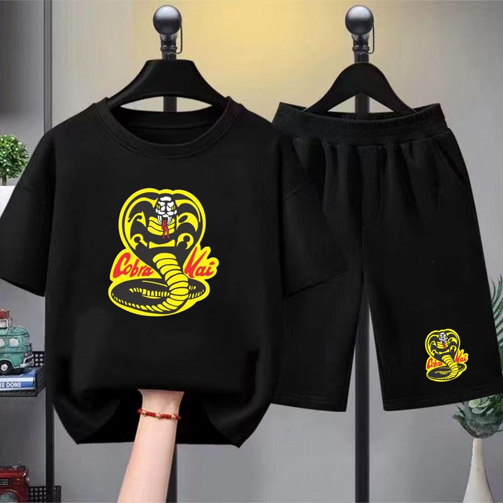 Summer T-shirt+shorts Anime snake Print Boy Black Girl Sets Tshirt kids Tops Casual Tees round Neck short-sleeved top