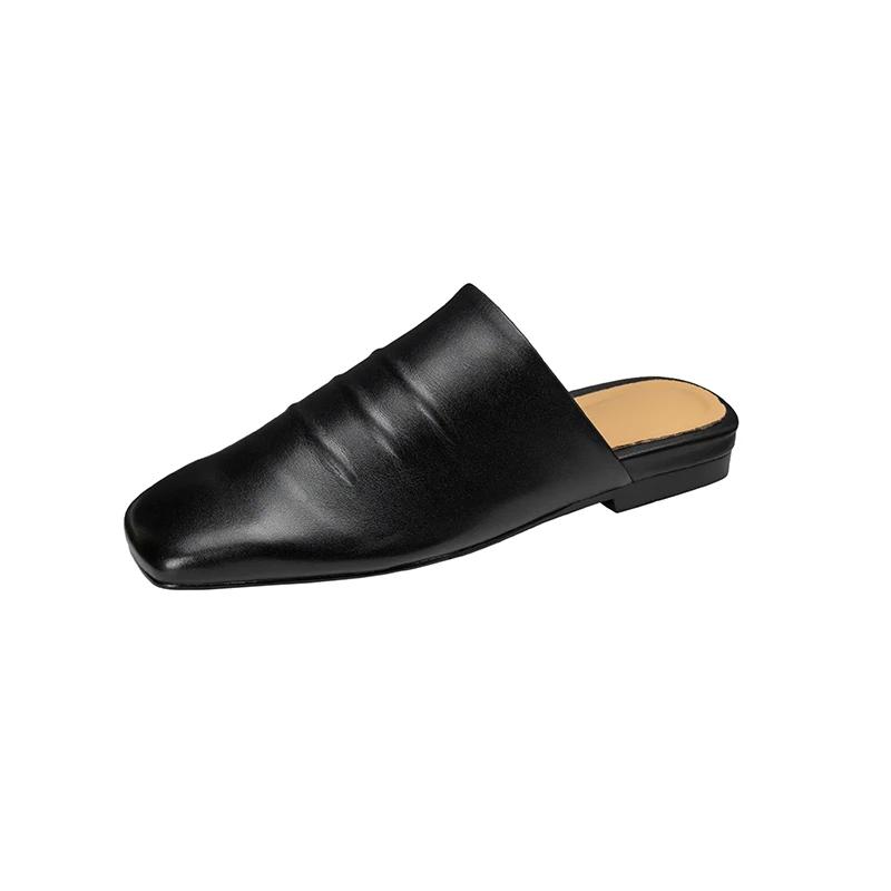 Fashion 2025 NEW Summer Women Mules Genuine Leather Women Shoes Cover Toe Shoes Squared Toe Low Heel Sandals Pleated Modern Slippers