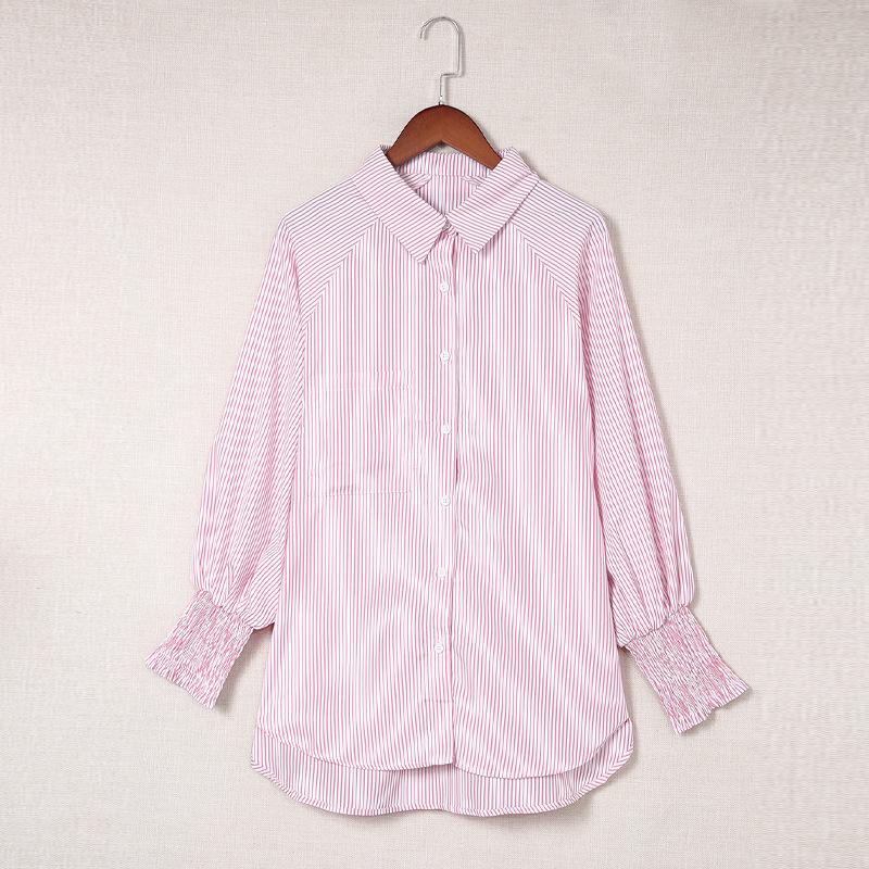 

Women s New Spring and Autumn Tops Striped Stand-up Collar Loose Wrapping Bubble Long Sleeve Shirts Women XXL Яскраво-рожевий