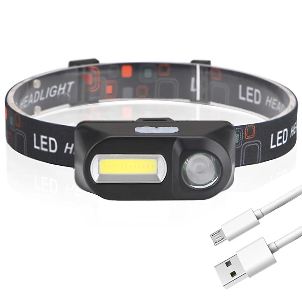 

Портативный светодиодный налобный фонарь Mini XPE+COB с возможностью зарядки от USB, аккумулятор 18650, налобный фонарь для кемпинга, рыбалки, фонарик