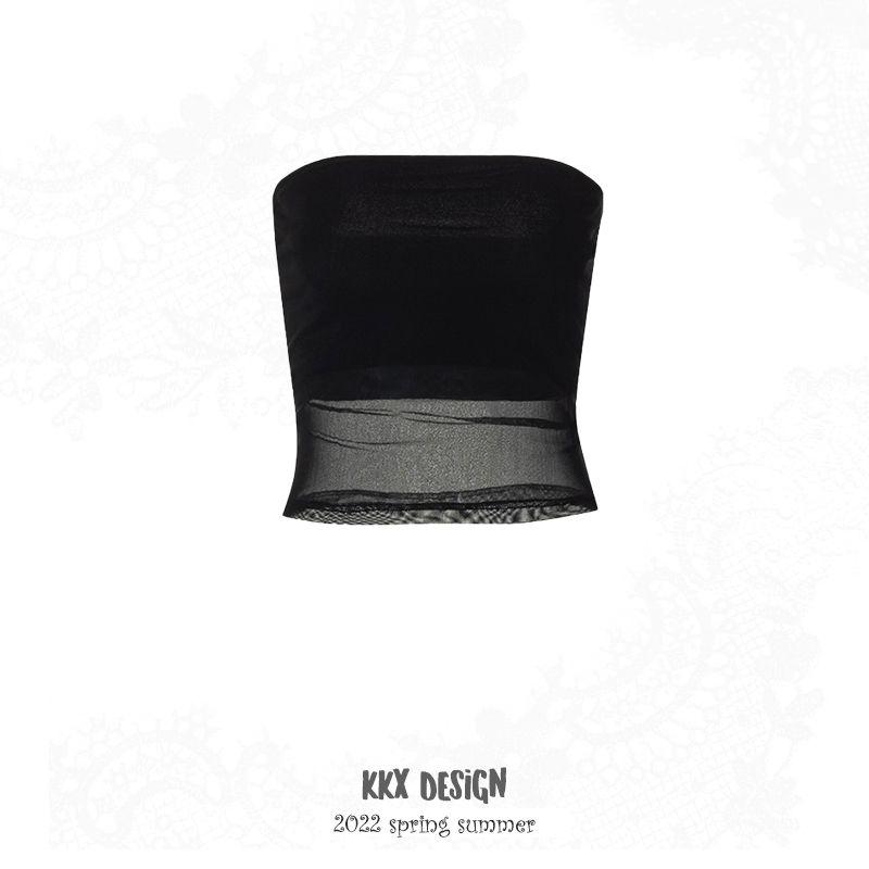

Kkx Fashion Sexy Style Summer Street Mesh See-through Crop Top Tube Top Short Top Sexy Backless Slim Fit T-shirt Black L