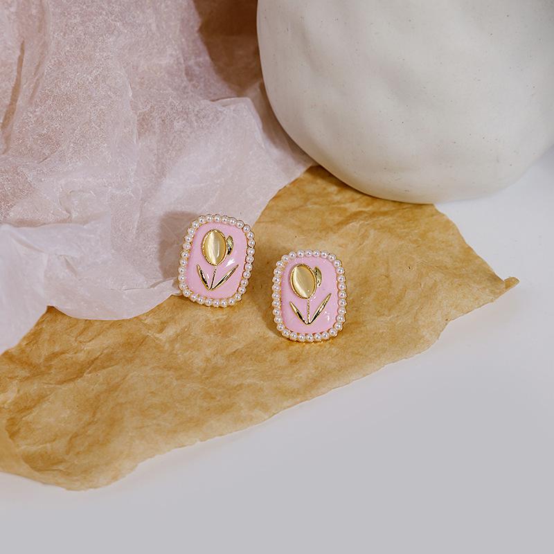 Silver Needle Exquisite Pink Tulip Floral Stud Earrings for Women - Sweet Romantic Jewelry