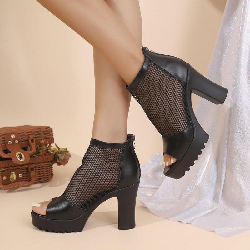 2026 Cowhide Mesh Fish Mouth Summer Large Size Platform High Heel Back Zipper Women Black Sandals