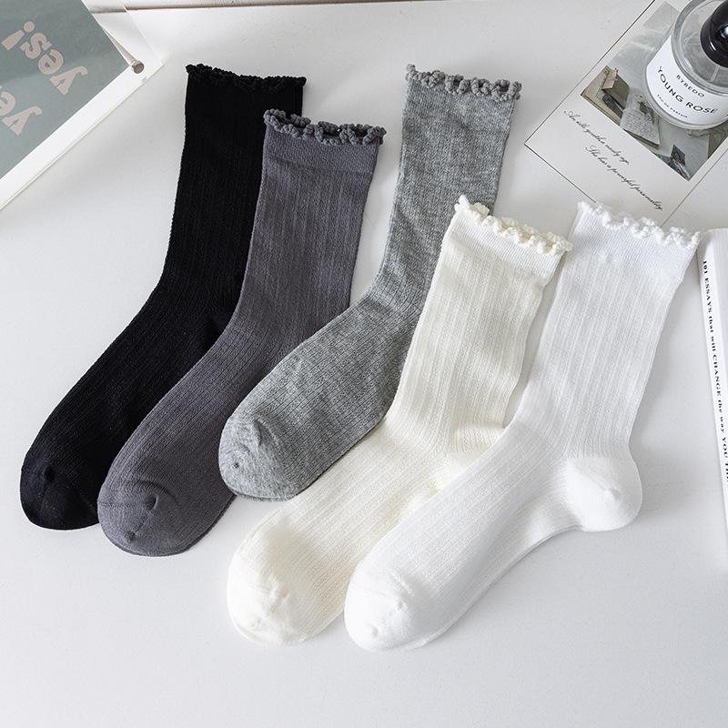 5 par sommer tynne dame sokker med treørekant, midt på leggen, pustende mesh, nuppefrie bomullssokker, stablede Lolita-sokker