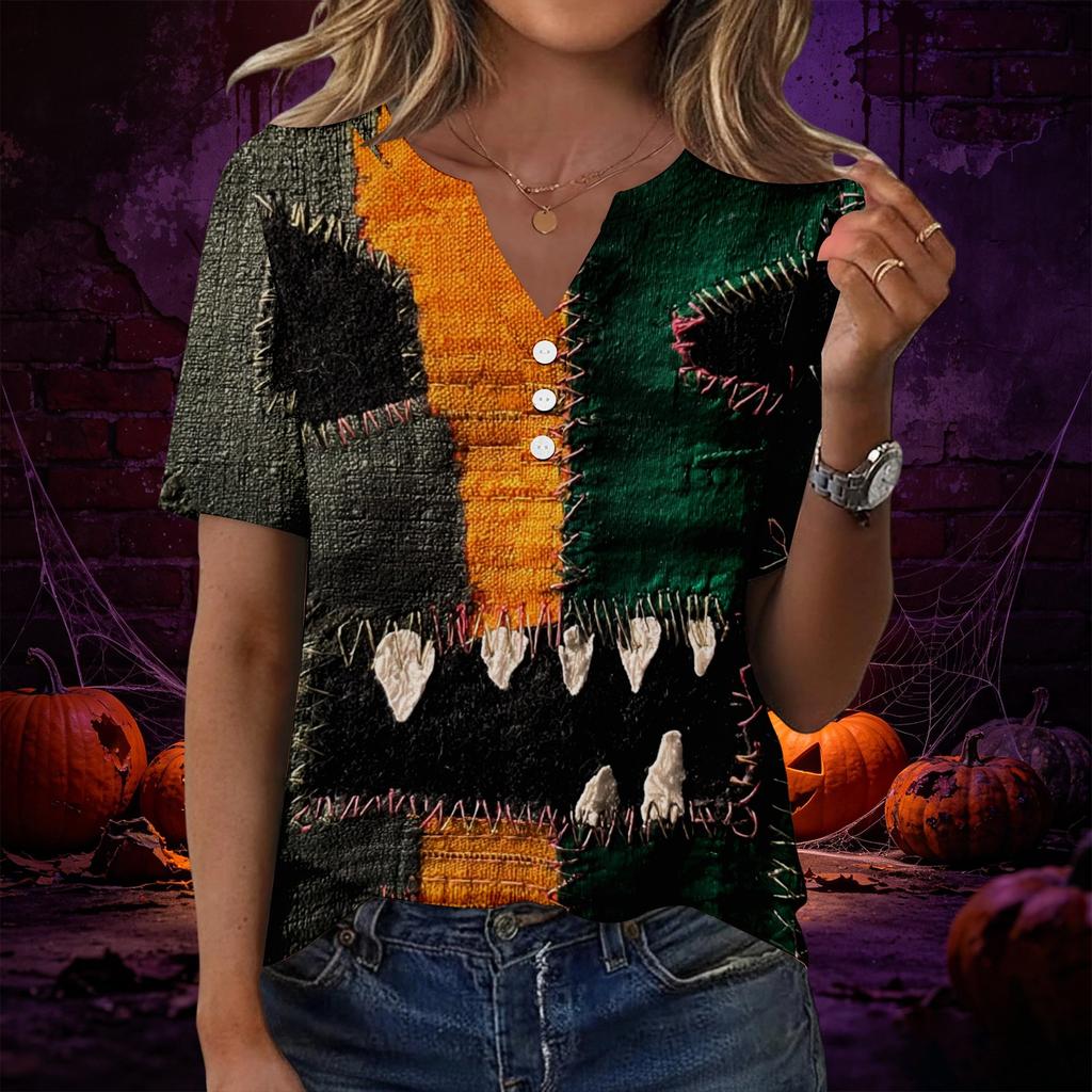 Women’s Fashion Casual Halloween Print V Neck Short Sleeve Decorative Button T Shirt Top for Autumn Daily Wear