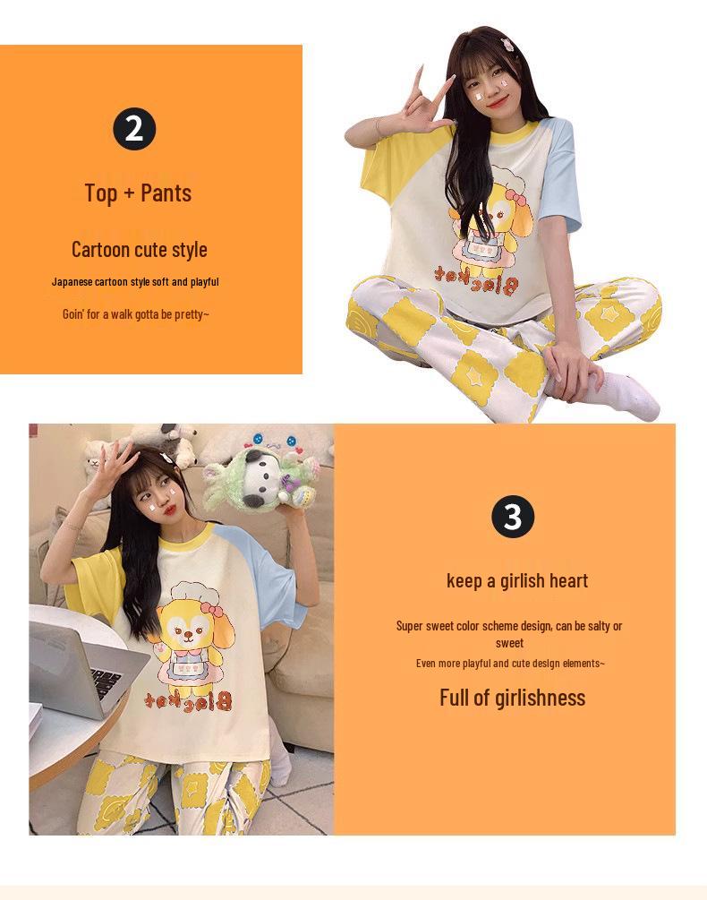 Women's Plus Size Summer Pajama Set - Short Sleeve Top & Long Pants, Loose Fit, Round Neck, Imitation Cotton for Home Wear