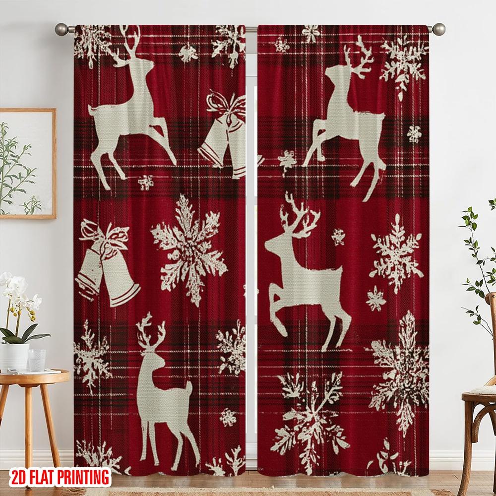 2pcs,2D Plane Printing Popular Curtains Christmas Elk Bell Durable Polyester (without Rod) Decorations For Home Use for Bedroom,