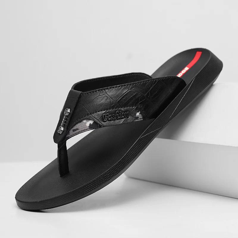 

Летние мужские тапочки Высококачественные шлепанцы Модные кожаные тапочки Нескользящие дышащие легкие сандалии Мокасины для ходьбы 44 чёрный