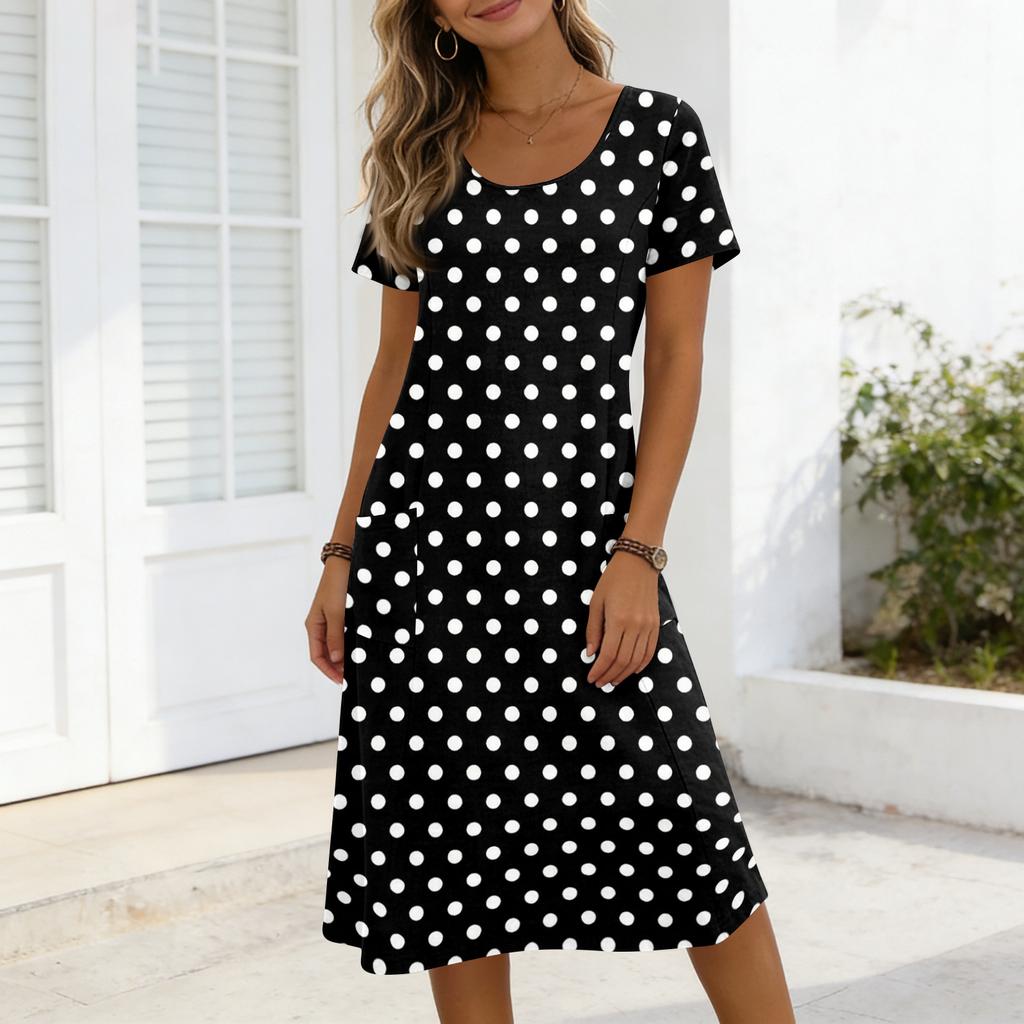 Women’s Short Sleeve Polka Dot Midi Dress with Scoop Neck and Side Pockets Casual Loose Fit Soft Fabric Design