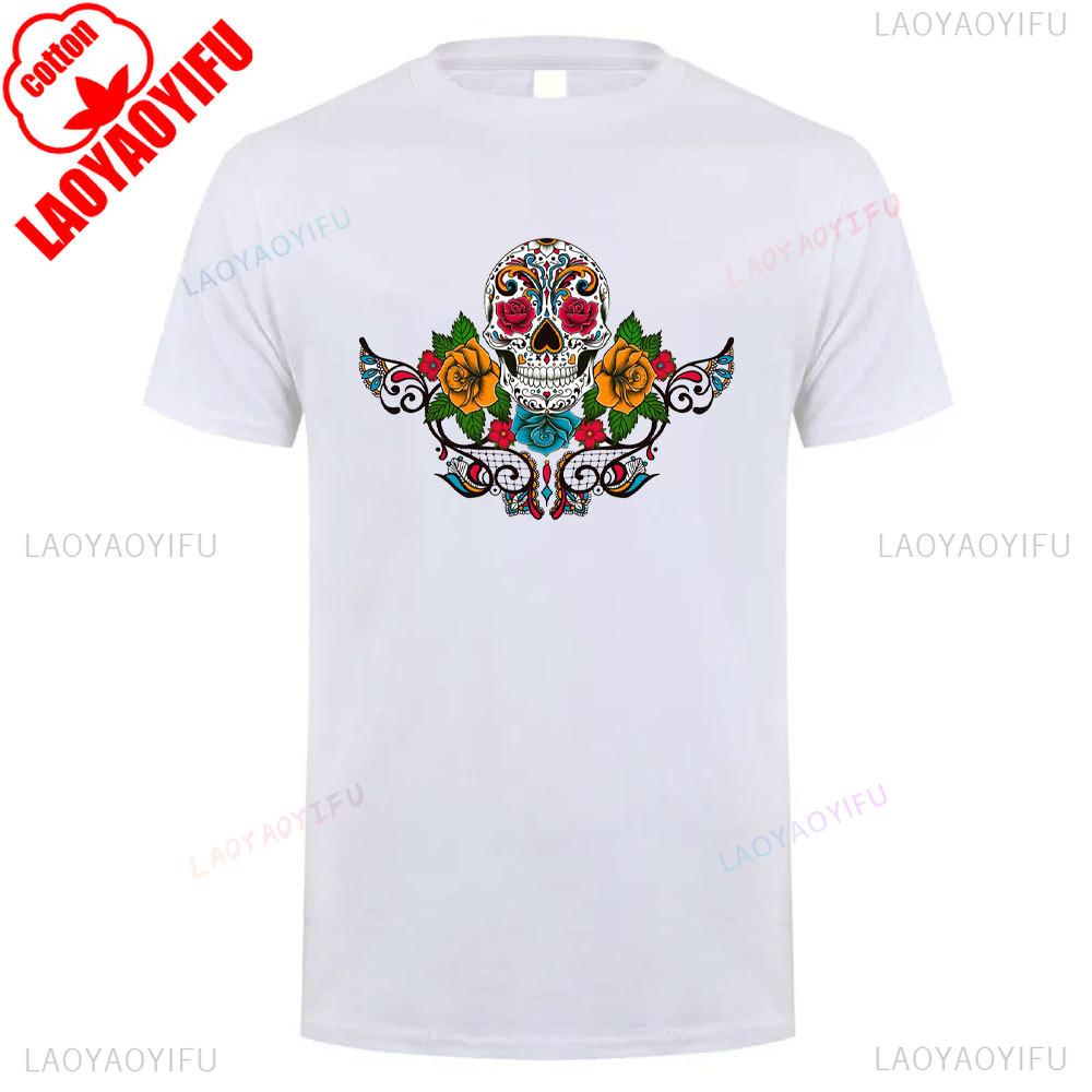 Cotton Summer Short Sleeve Mexican Skull Unisex Tee Round Neck Breathable Vintage Pattern Graphic Shortsleeved Launched Top