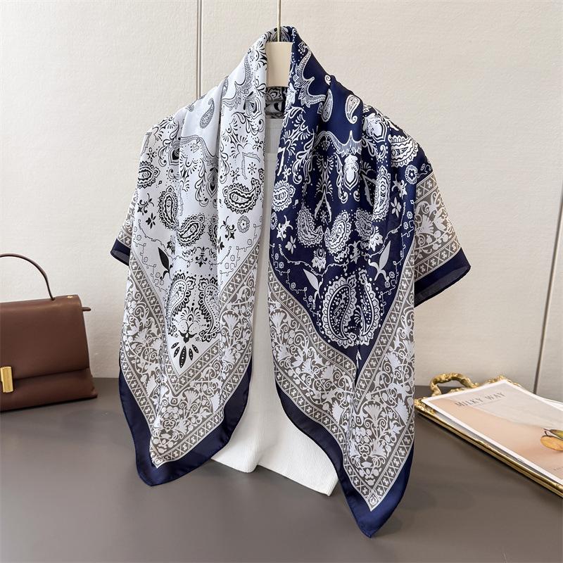 Luxury Brand Cashew Print Square Hijab Scarf Elegant Ladies Soft Satin Shawl Stylish Women's Decorative Beach Towel 90*90CM