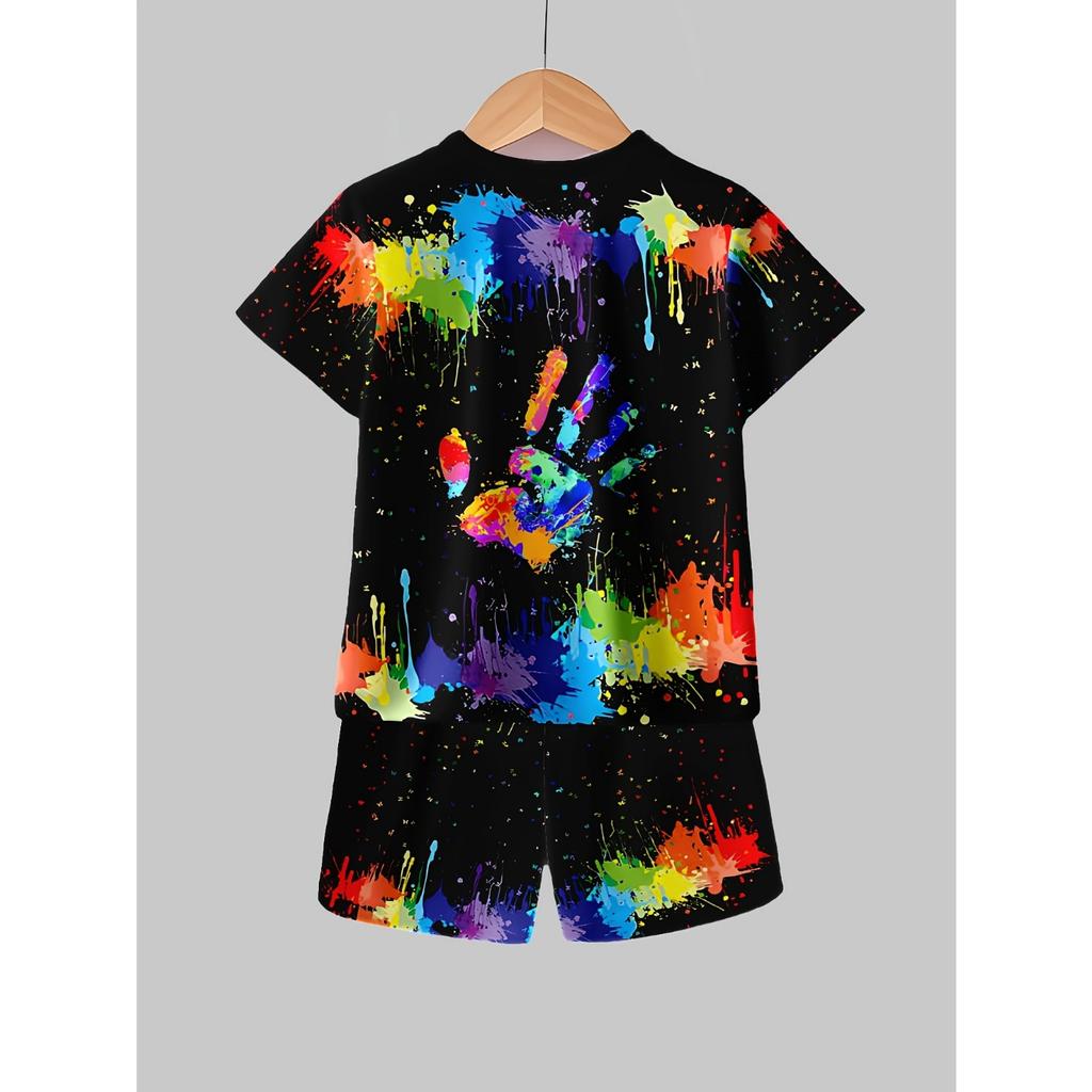 Boys' Set of Fashionable 3D Printed Casual Pullover, Short Sleeved Shorts, T Sports Shirt, Boys' Outdoor T-Shirt Shorts Set, Perfect for Outdoor