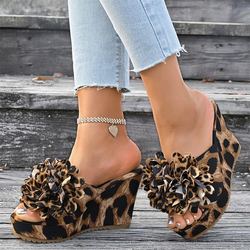 Flower Decor Wedges Sandals for Women Fashion Leopard Chunky Platform Party Slippers Woman Plus Size Thick Sole Non Slip Sandals