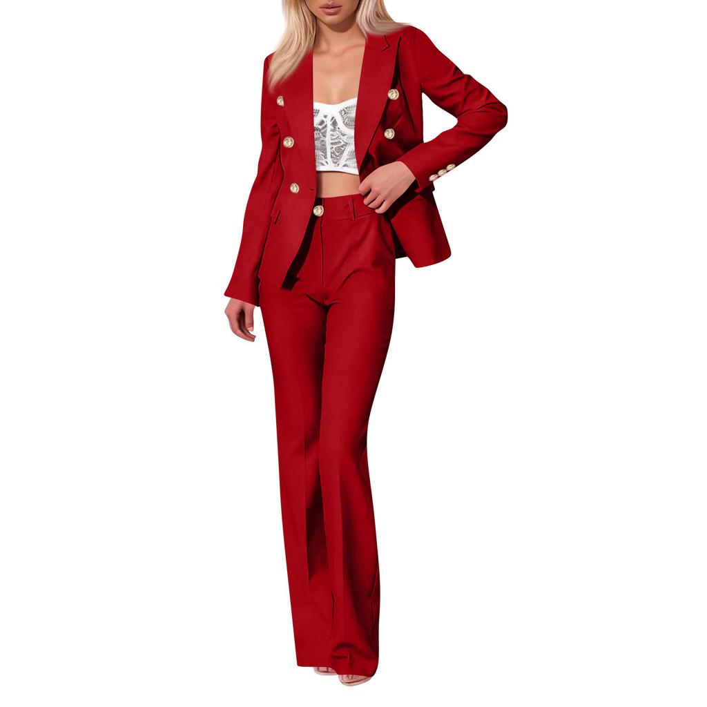Women's Fashion Solid Color Long Sleeved Button Up Suit Jacket Casual Straight Leg Pants Two-piece Set