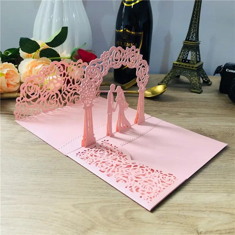 

3D Запрошення на весілля з нареченим і нареченою, рожеве золото, Pop-Up, Вітальні листівки з лазерною вирізкою, Конверт, Запрошення на дівич-вечір рожевий