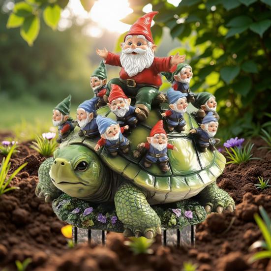Rodina trpaslíků na želvě zahradní zápich Venkovní akrylová figurka trpaslíka na želvě se zápichem pro dekoraci trávníku, terasy, balkonu, dvora