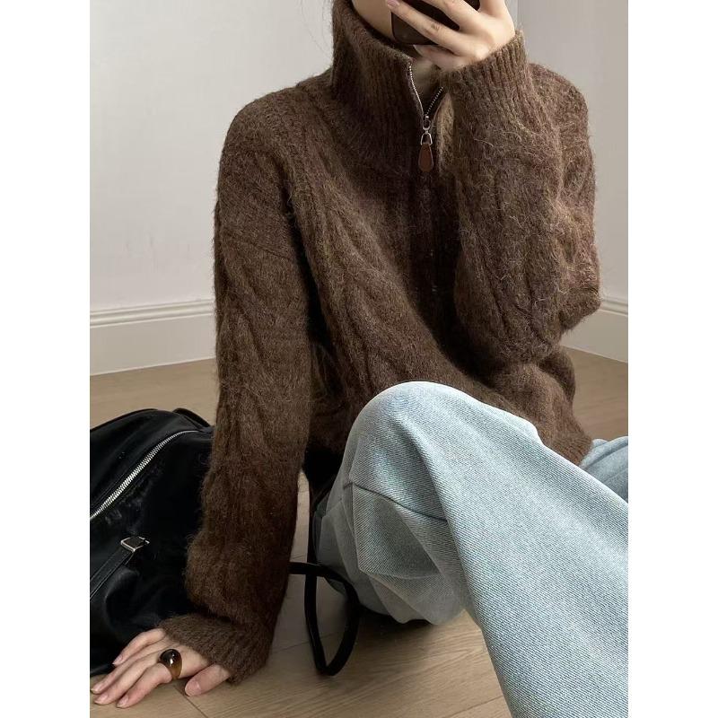 Autumn/Winter Twist Double Zipper Cardigan Sweater Women Fashion Elegant Turtleneck Loose Retro Knitted Jackets New Casual Solid Office Clothing