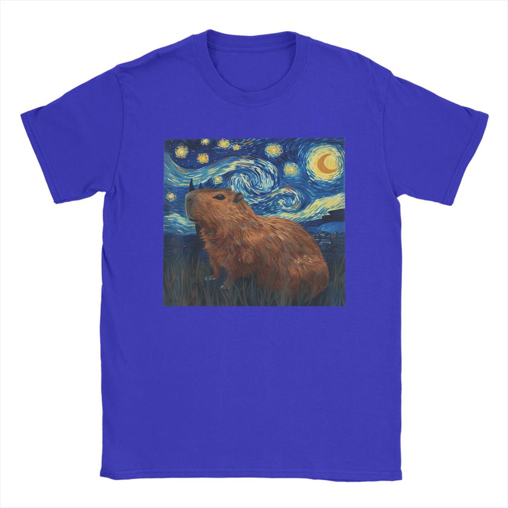 Fashion Capybara Van Gogh Style Starry Night T-Shirts Men Crew Neck 100% Cotton T Shirt  Short Sleeve Tee Shirt Summer Tops