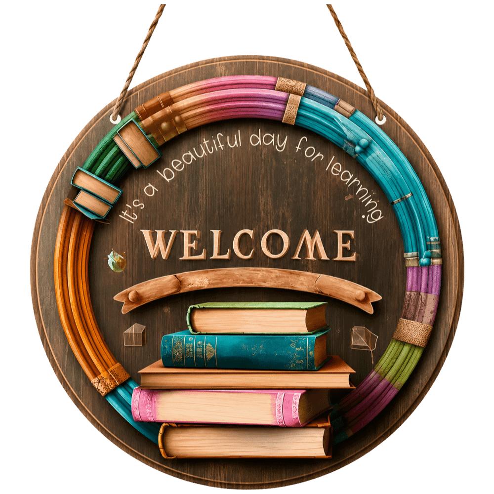 Cute 2D Flat Welcome Sign Round Wooden Ornaments Classroom Door Sign Colorful Decoration School Door Hanging School Decoration