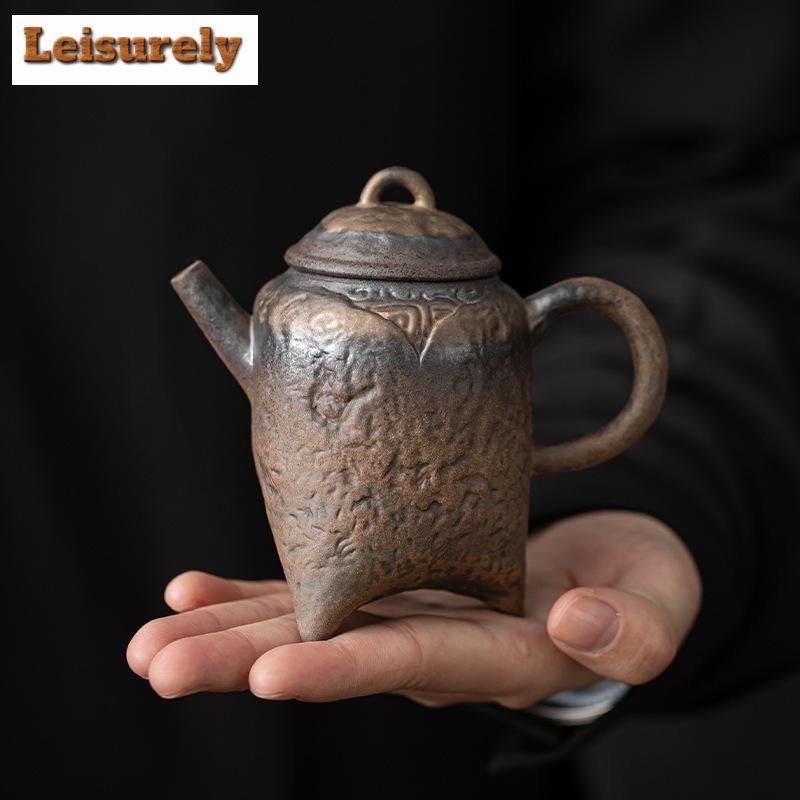 160ml Retro Old Rock Mud Teapot Ancient Early Burnt Gilded Iron Glaze Pot Chinese Tea Making Kettle Kung Fu Tea Items Ornaments