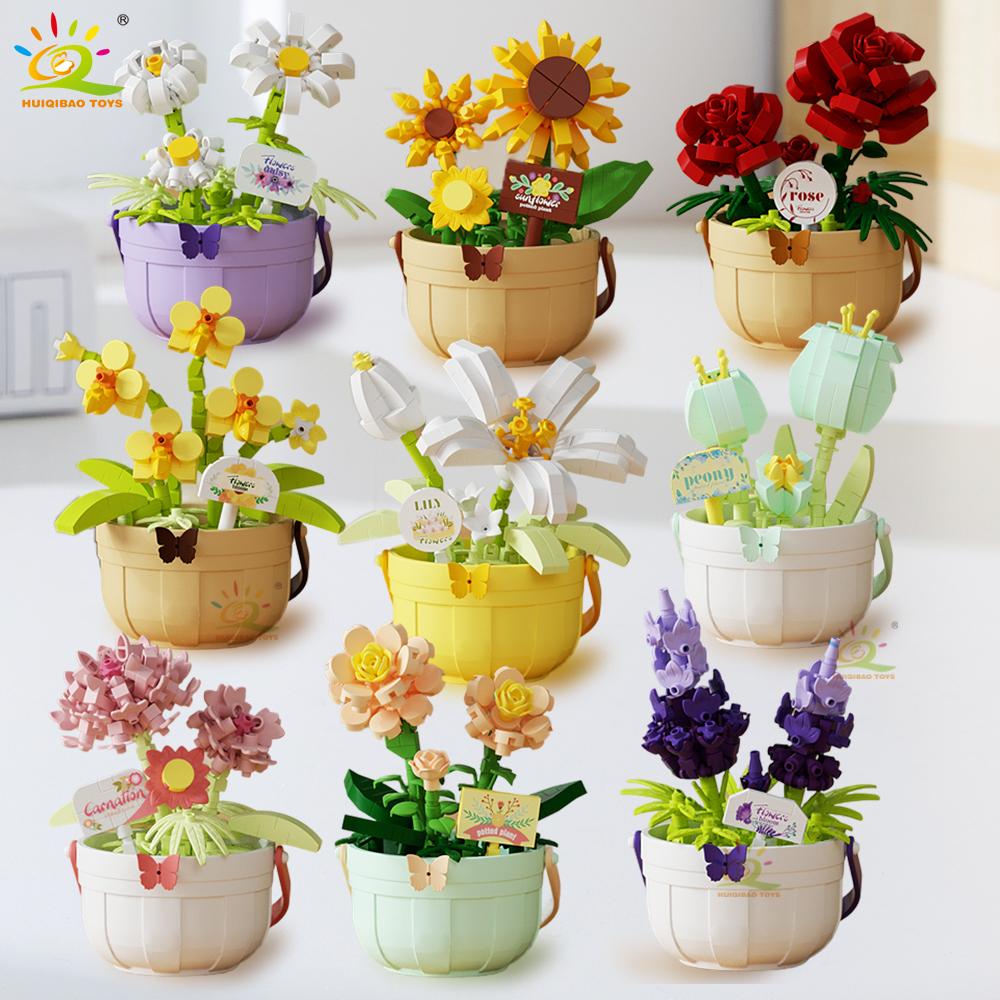 Non-Toxic Moc Flower Micro Building Block Diy Rose Sunflower Pot Bouquet Mini Diamond Model Brick Toy For Children Desk Decor.