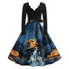 Women's Casual V-Neck Long Sleeve Halloween Print Retro Dress