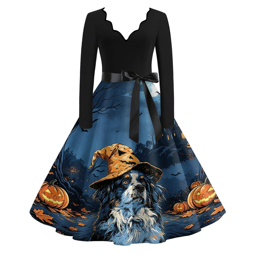 Women's Casual V-Neck Long Sleeve Halloween Print Retro Dress