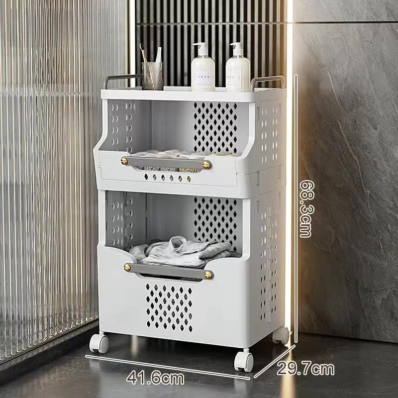 

Корзина для белья Прочная тележка на колесах Многоярусная тележка Полка для хранения Передвижная стойка для хранения Органайзер для корзины для белья в ванной