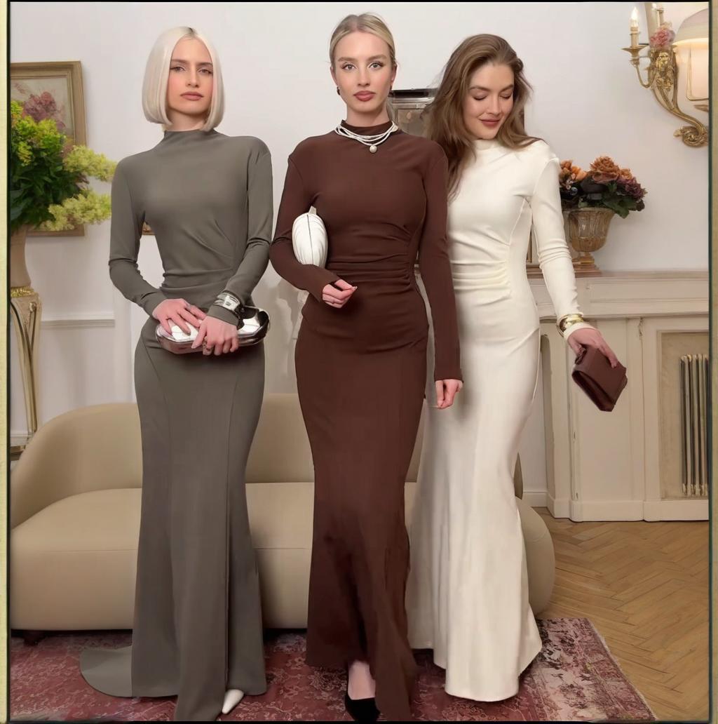 

Летнее платье с полувысоким воротником и длинными рукавами в европейском и американском стиле 2025 – Стройнящее и стильное XS серый