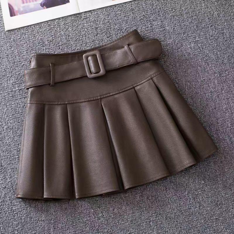 Women's Brown Leather A-Line Skirt: 2024 Autumn, High-Waist, Slim, Pleated, Fashionable PU Design