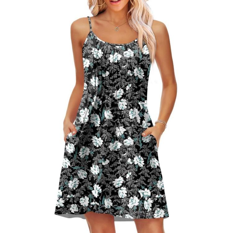 Vintage Floral Print Casual Summer Dress for Women with Adjustable Spaghetti Straps and Pockets Beach Vacation Fashion Dress