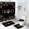 Moon Phase Moonlit Shower Curtain Set Black Celestial Flower Floral Herbs Ivy Surrounded Vines Toilet Lid Cover Bath Mat Rug Set