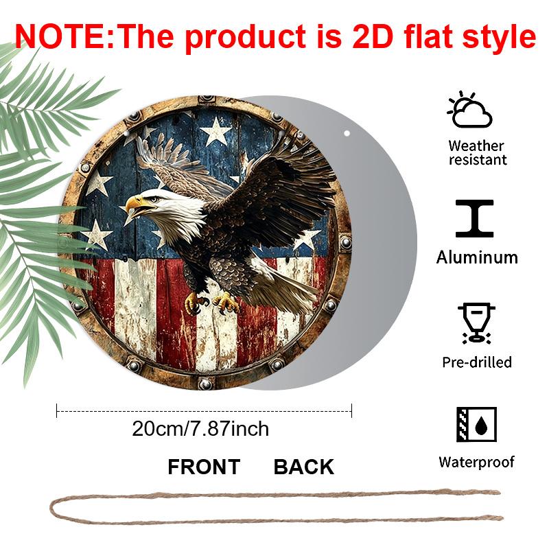 2D Flat, 1pc Vintage American Flag Eagle Metal Wall Art - Round Decor with Distressed Finish, Aluminum Frameless Design for Living Room, Patio, Home